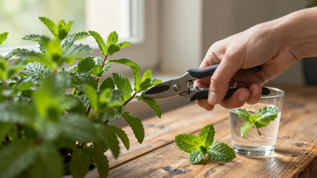 Hand harvesting fresh mint leaves from a potted plant near a window.