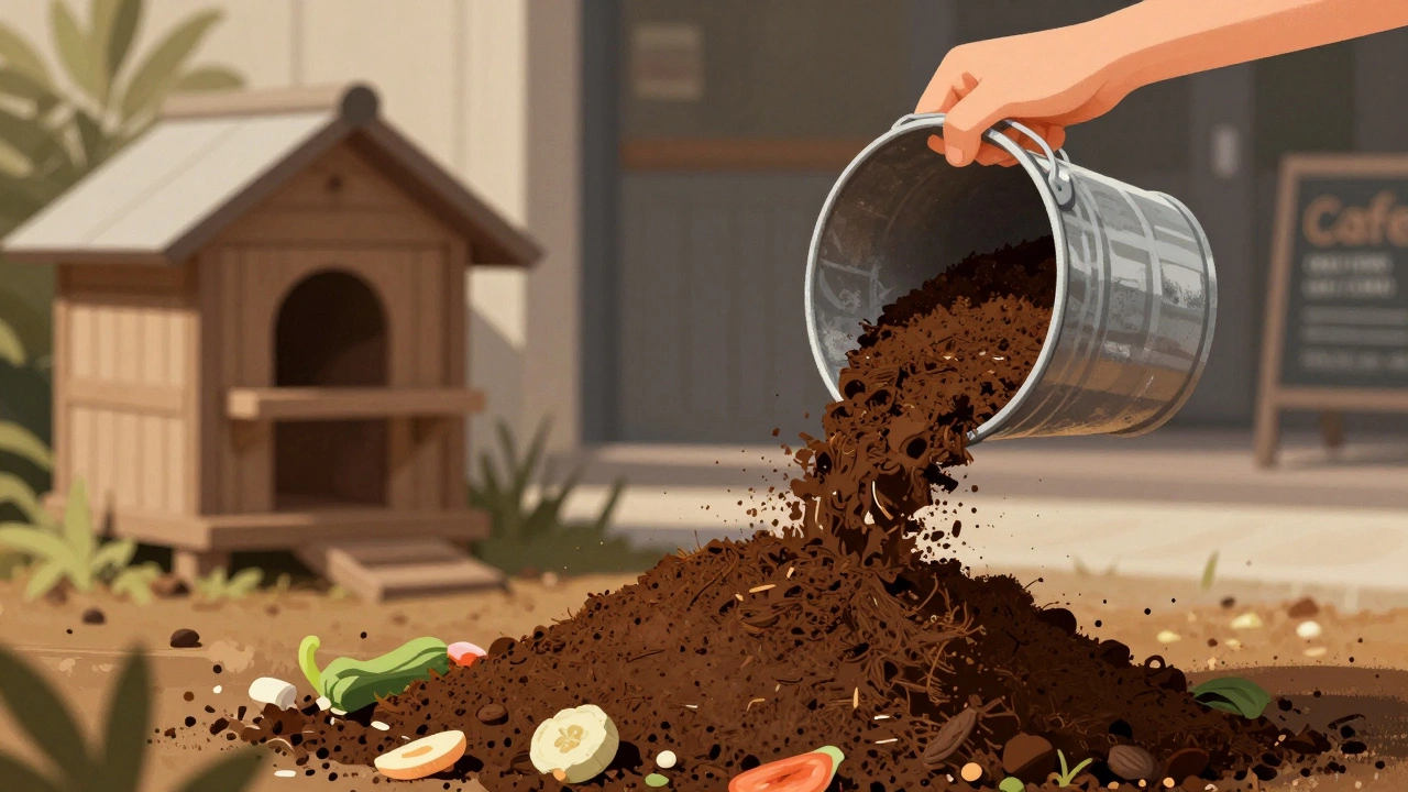 Hand pouring coffee grounds into compost with rabbit manure and veggie scraps nearby.