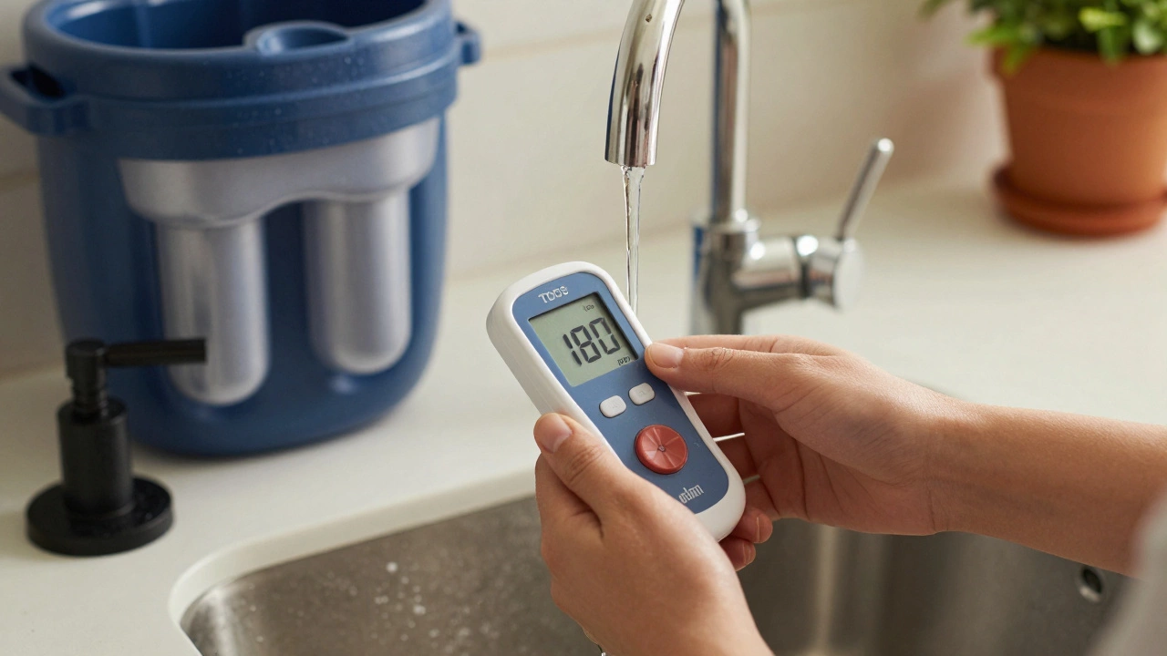 Person testing tap water with a TDS meter, rain barrel and filter visible in background.