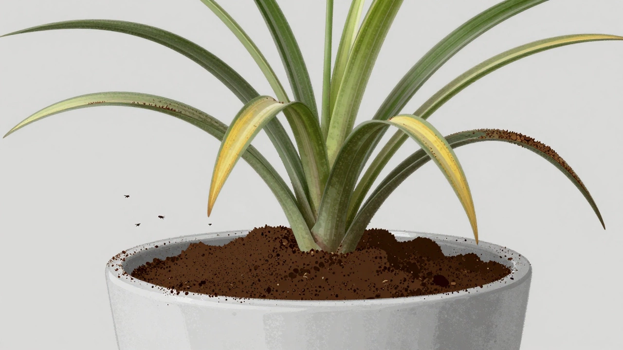 Spider plant with brown leaf tips from coffee grounds