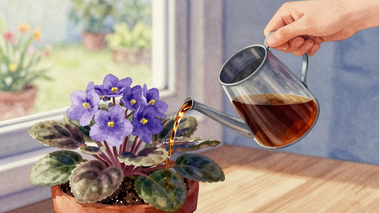 Watering African violet with diluted coffee solution