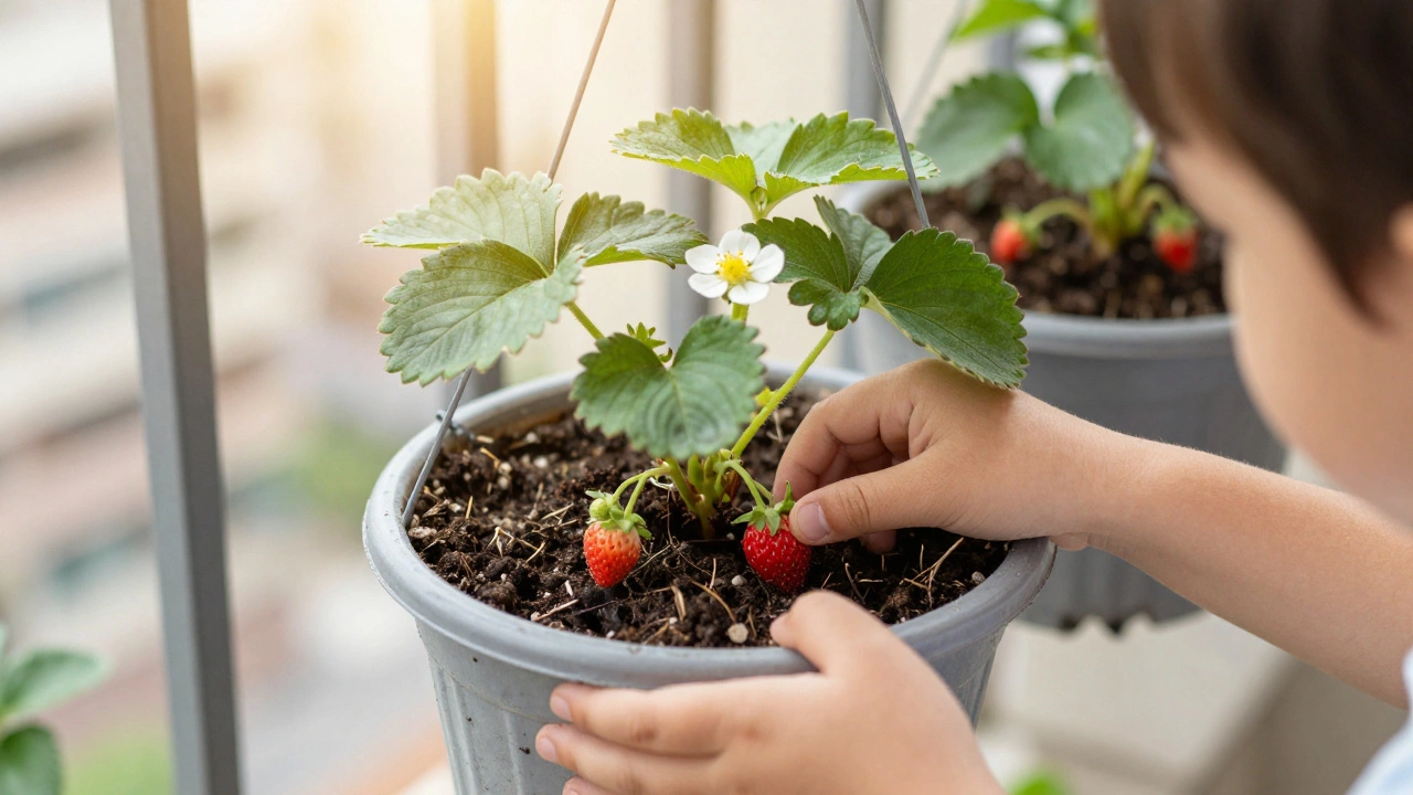 A child planting a strawberry in a hanging basket, with blossoms and tiny fruits visible.