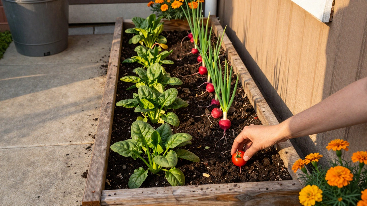 A narrow raised garden bed between a house and sidewalk, growing spinach, radishes, and tomatoes.