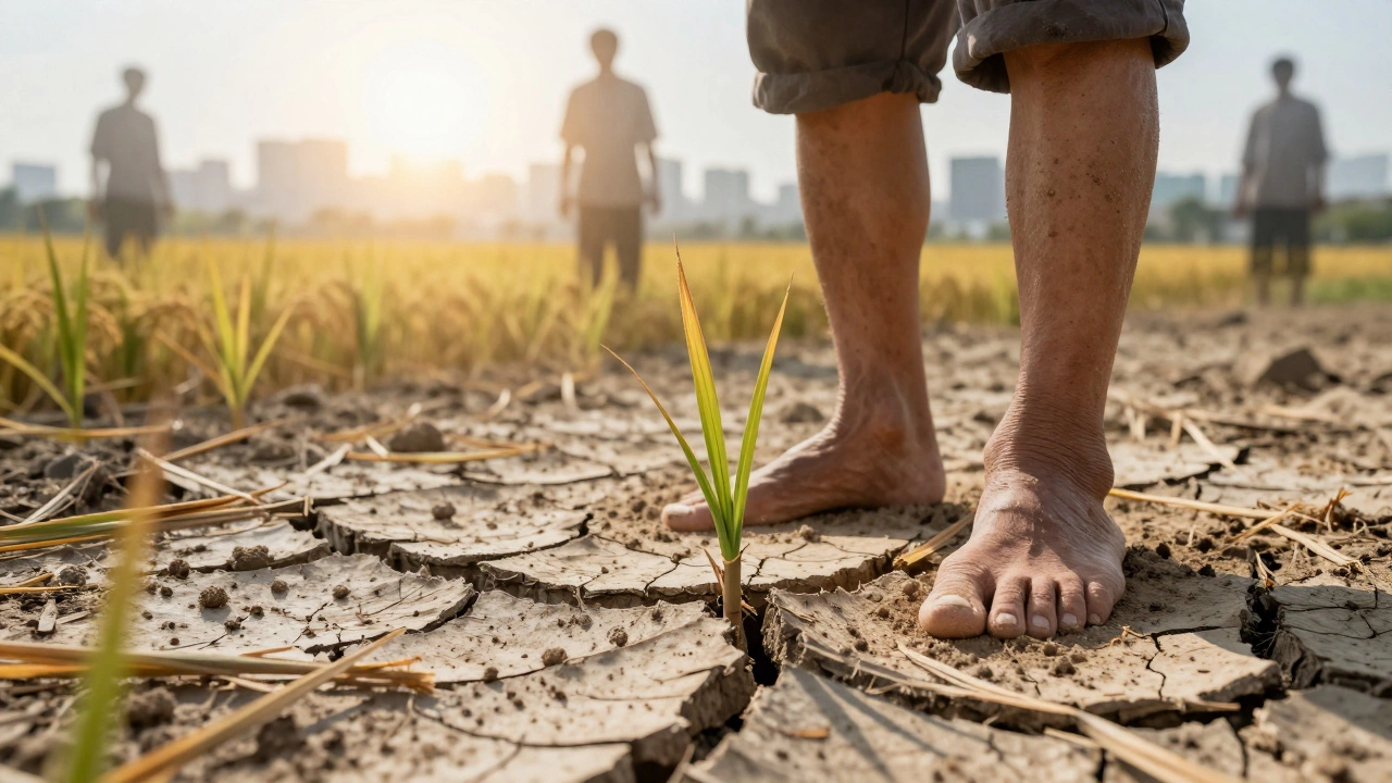 An elderly farmer stands in a cracked, dry paddy as ghostly young workers fade into a distant city skyline.