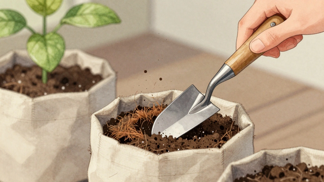 Close-up of a hand using a curved-tip trowel to gently loosen soil in a vertical garden pocket.