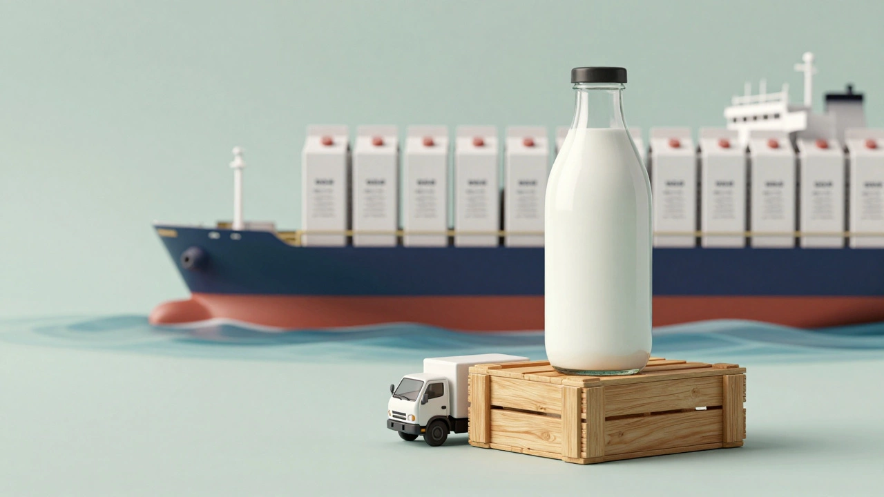 Conceptual 3D render of milk transport logistics and packaging.