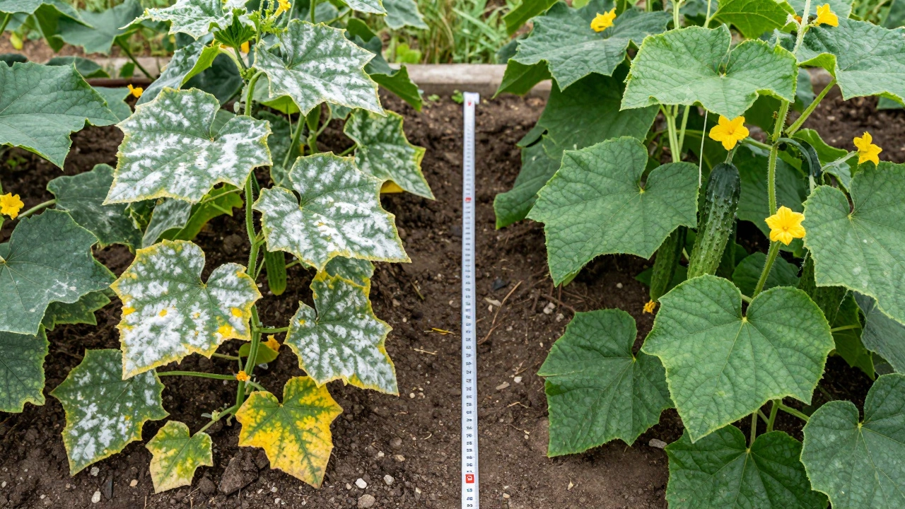 Contrasting side-by-side views of overcrowded vs properly spaced cucumber plants showing disease and health differences.