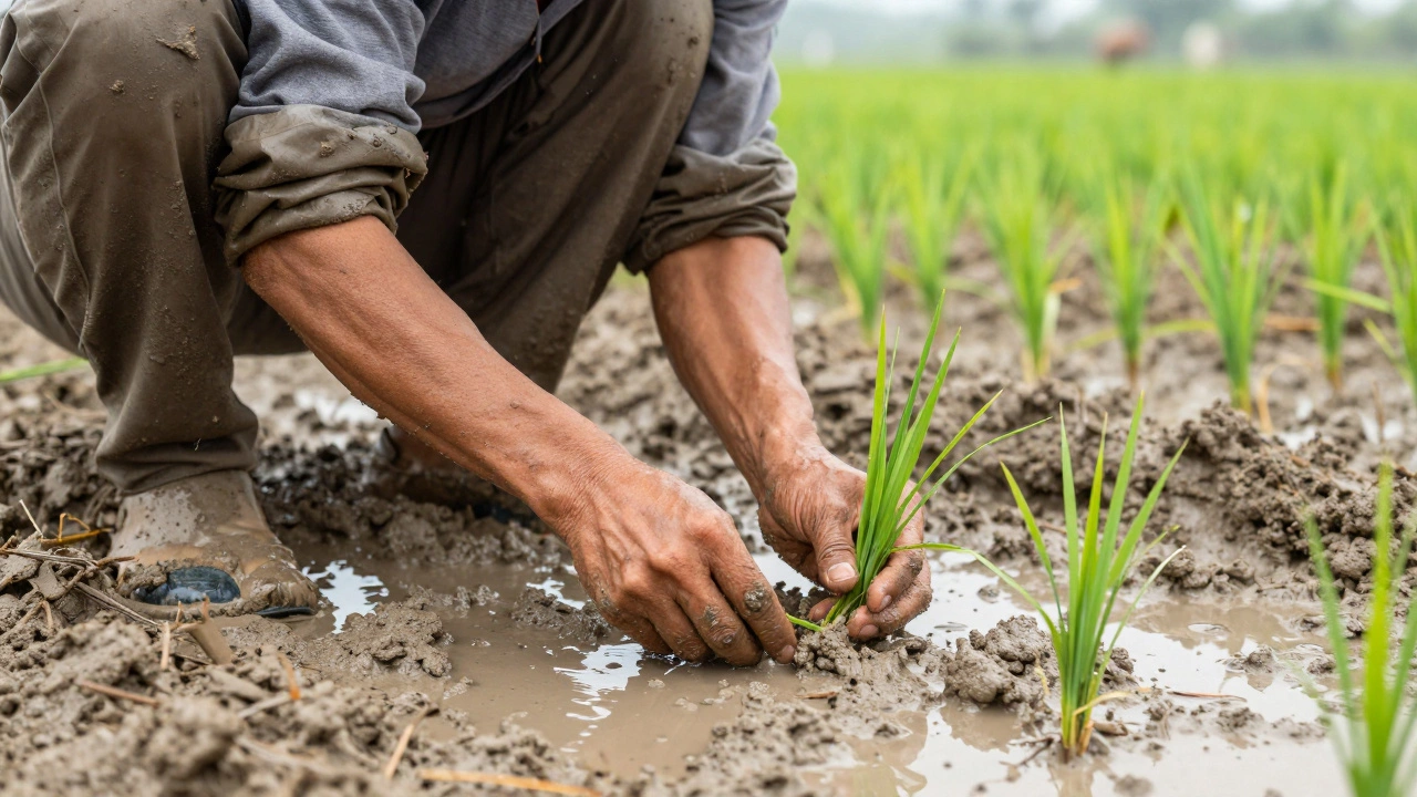 Farmer planting rice seedlings by hand in thick mud.
