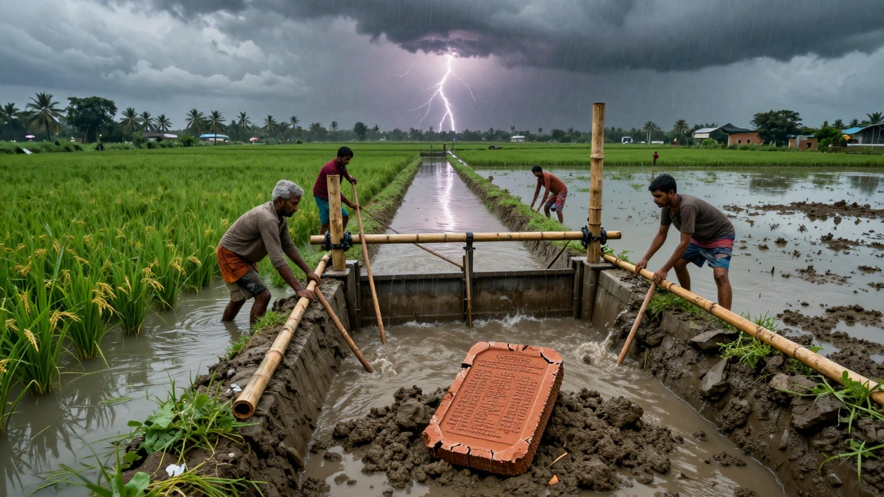 Farmers repair a broken irrigation gate during a monsoon storm as water floods uneven rice paddies.