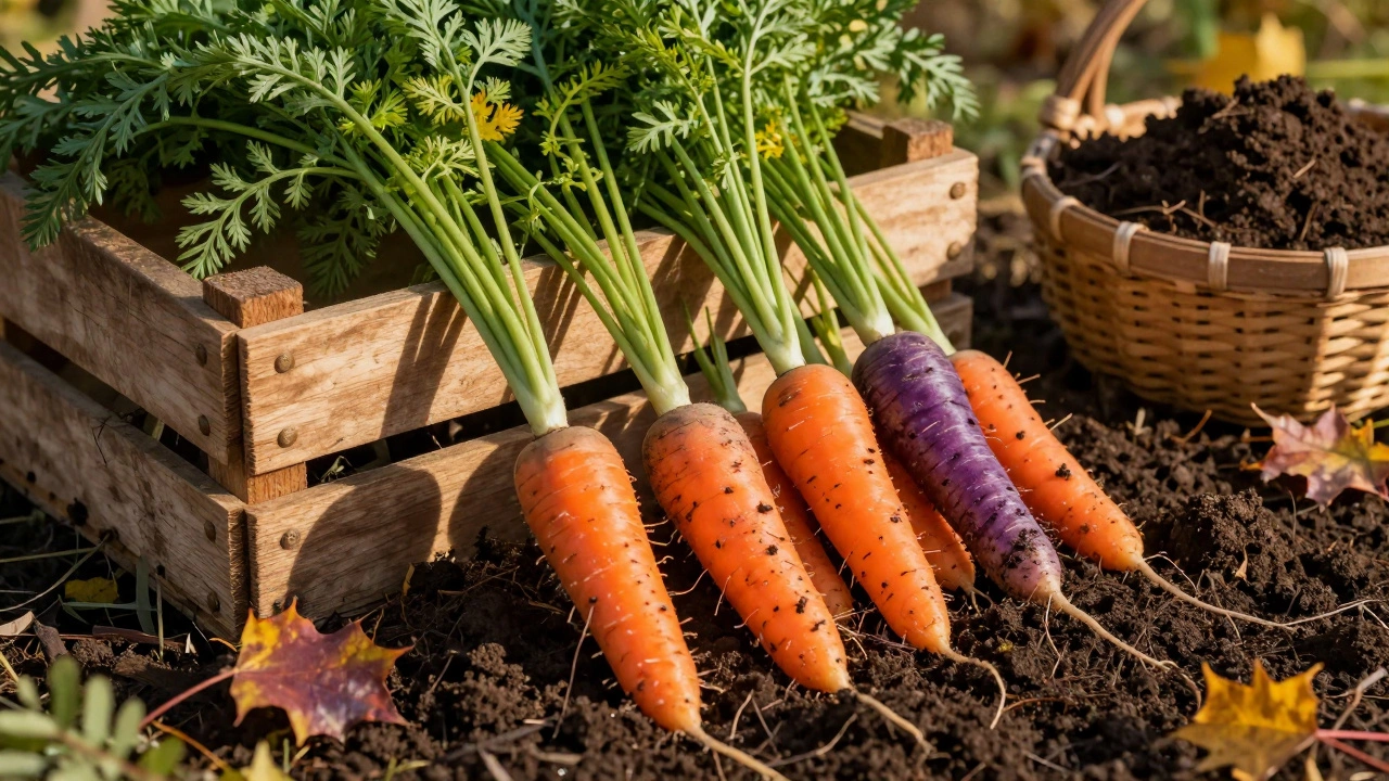 Freshly harvested orange and purple carrots with leafy tops on a wooden crate in autumn.