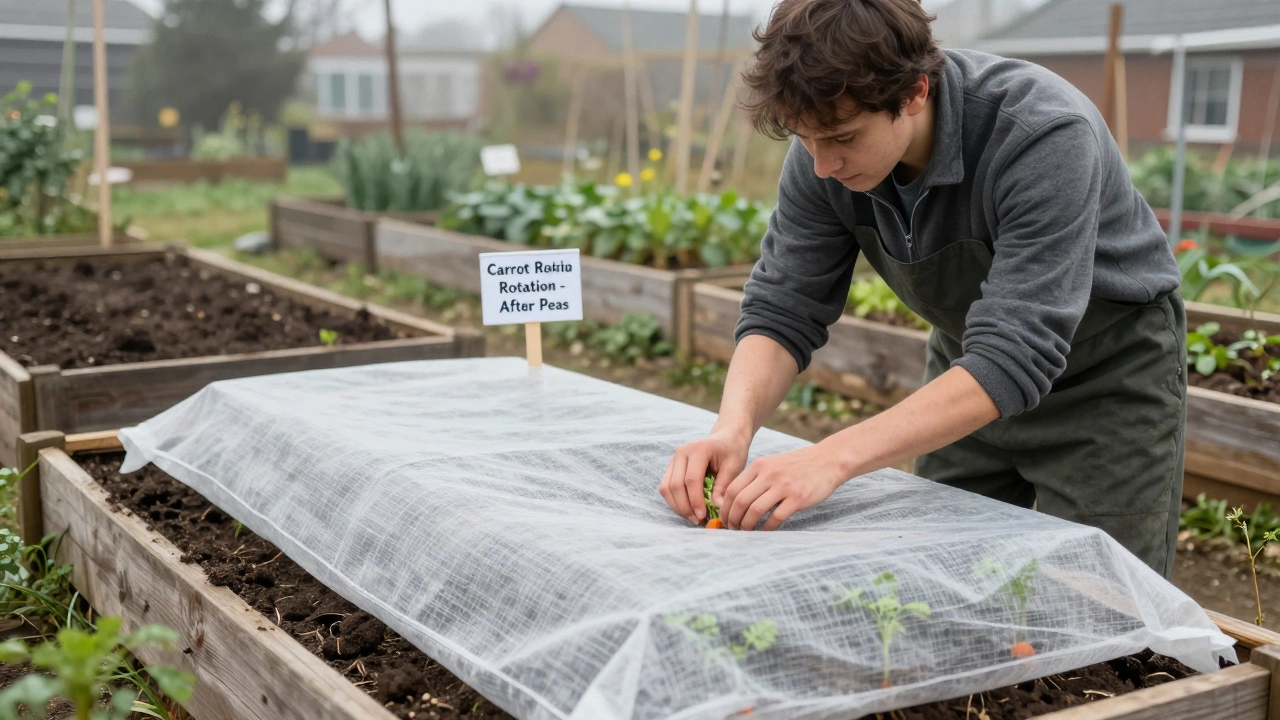 Gardener covering carrot seedlings with hessian fabric in a cold frame during late spring.