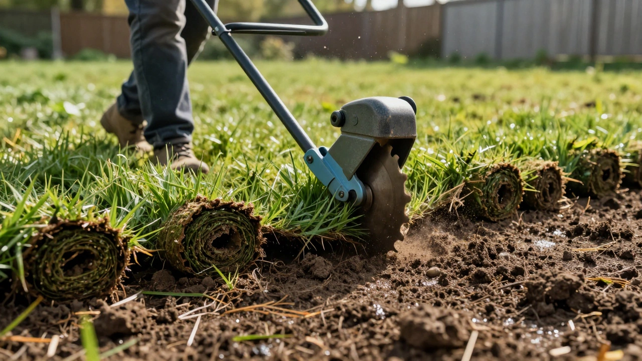 Gardener operating machine to peel back turf strips