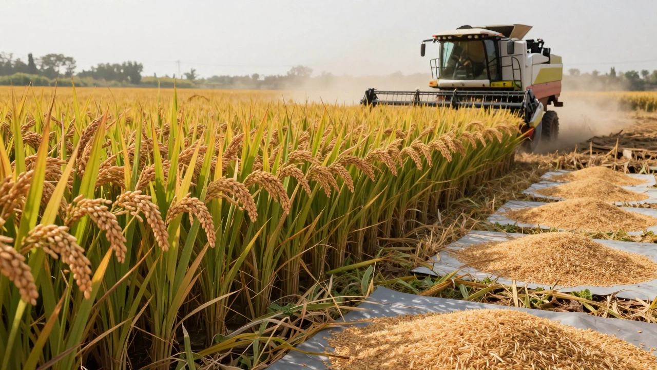 Golden rice harvest drying on mats under the sun.