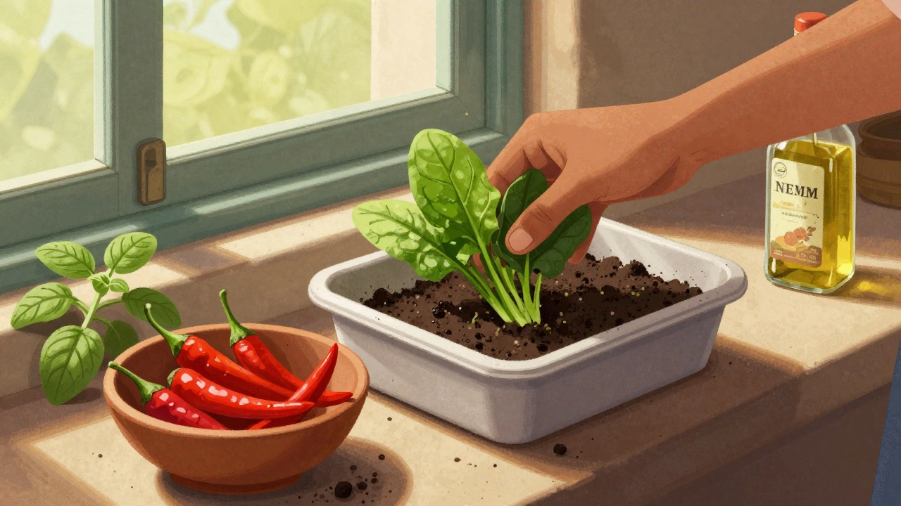Hand harvesting fresh spinach leaves from a container on a windowsill with chilies and tulsi nearby.