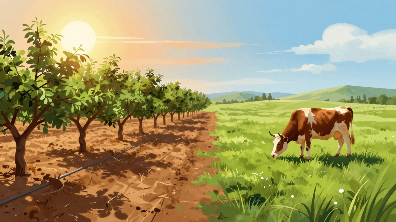 Split scene showing dry almond orchard and green cow pasture.