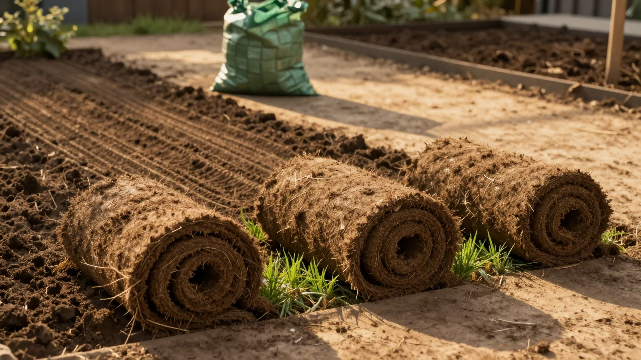 Stacked grass rolls on bare soil ready for planting