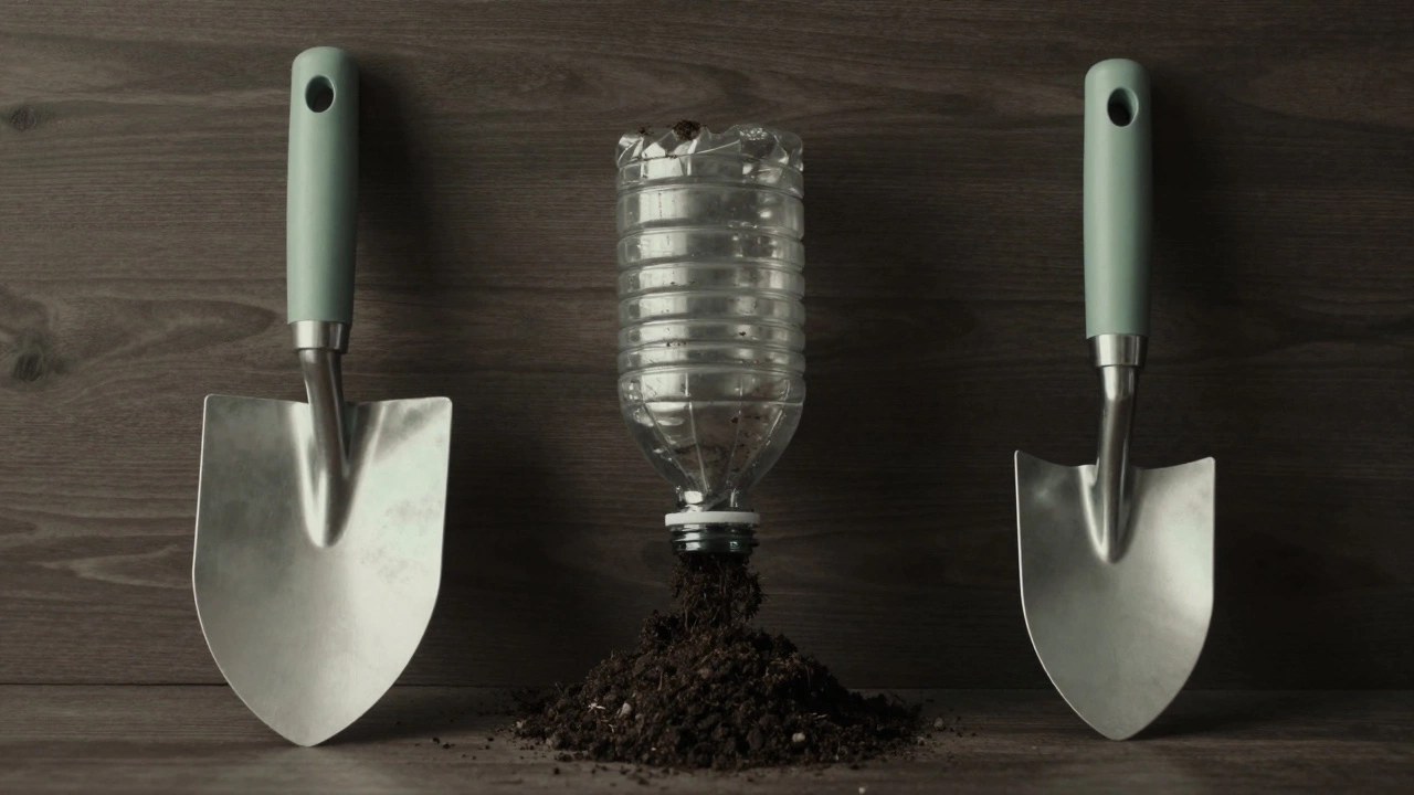 Three gardening tools compared: standard trowel, plastic bottle, and narrow trowel—highlighting the best choice.