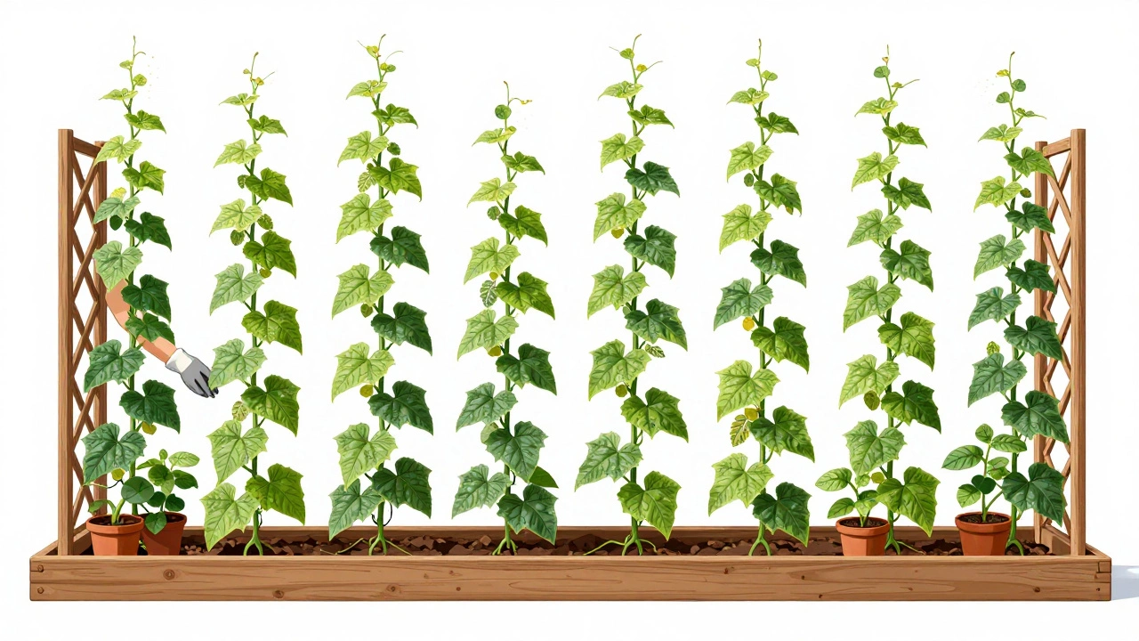 Vining cucumbers climbing a trellis with plants spaced 12 inches apart at the base in a raised bed.