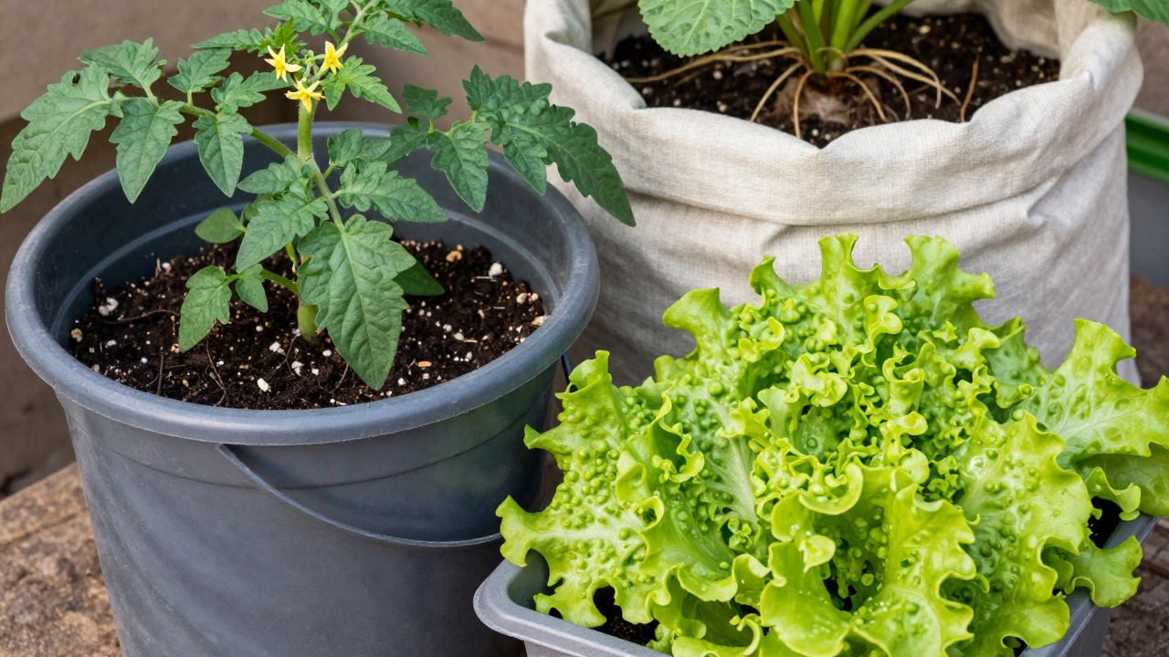 A comparison of a deep tomato pot and a shallow lettuce tray with high-quality potting soil.