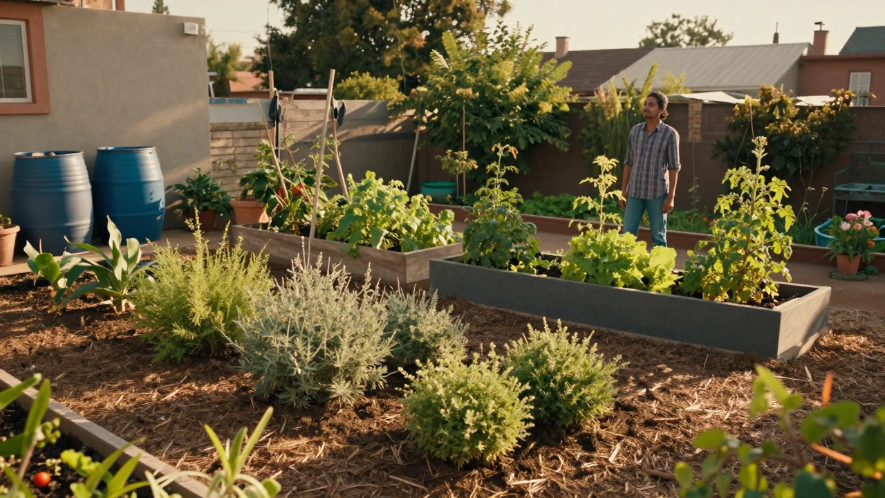 A peaceful gardener observing a sustainable home garden during golden hour