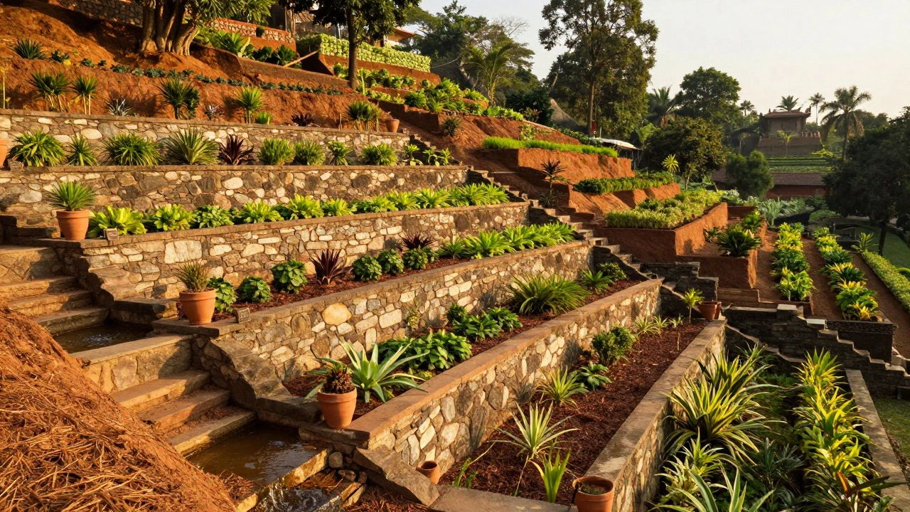 A tiered terrace garden with stone retaining walls used to prevent soil erosion on a hillside.
