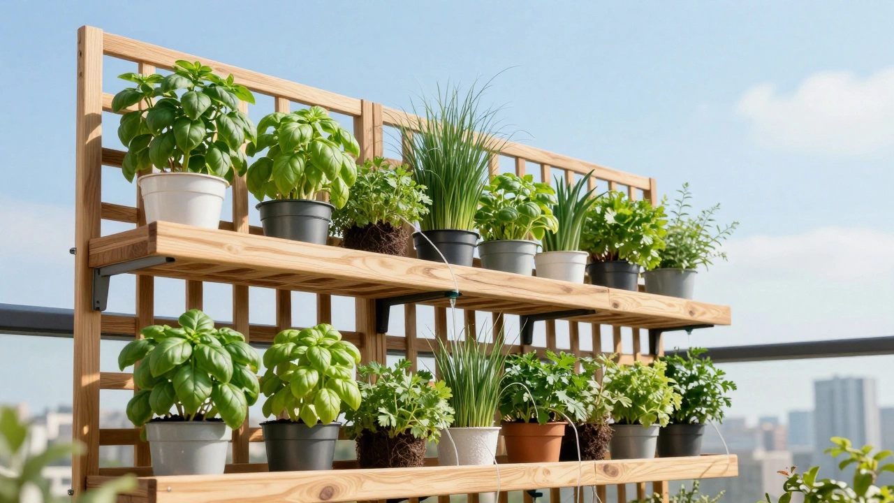 A vertical balcony garden with tiered shelves of fresh herbs and a drip irrigation system.