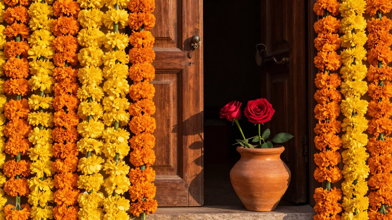 Bright orange and yellow marigold garlands draped near a red rose in a terracotta pot