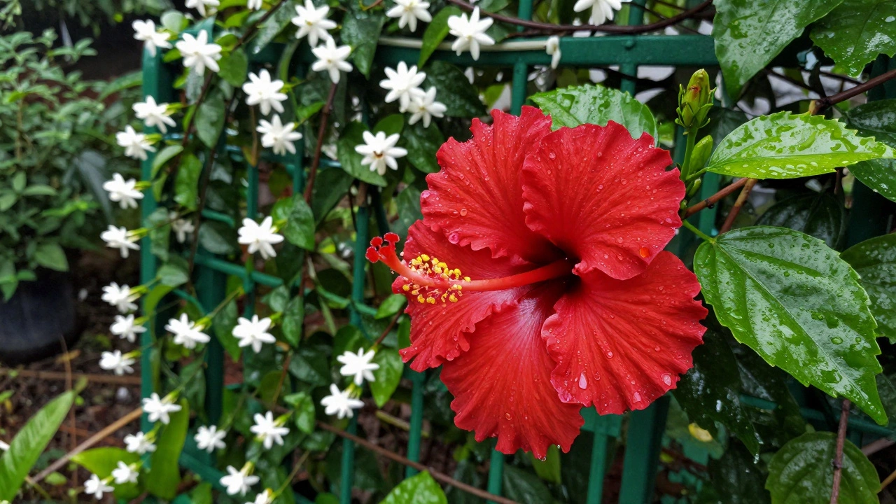 Close-up of a red hibiscus and white jasmine flowers in a lush tropical garden