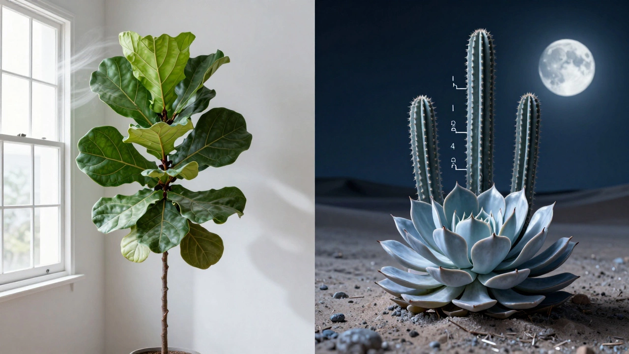 Comparison between a tropical plant in daylight and a succulent collecting CO2 at night.