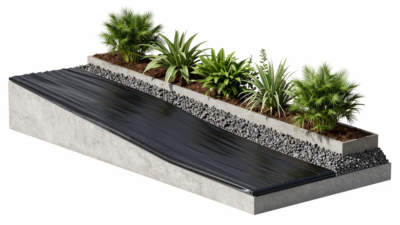 Cross-section diagram showing the layers of a sloped terrace including the waterproof membrane and drainage pellets.