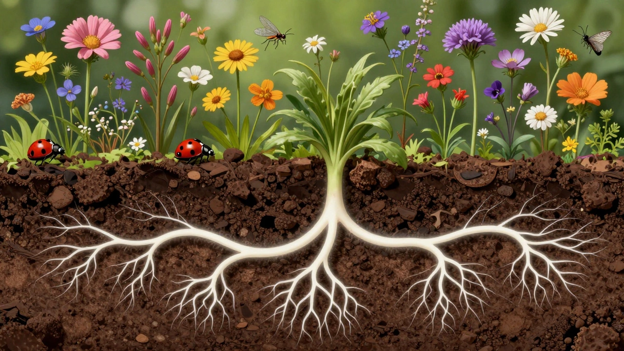 Cross-section of healthy soil showing root fungi and beneficial insects