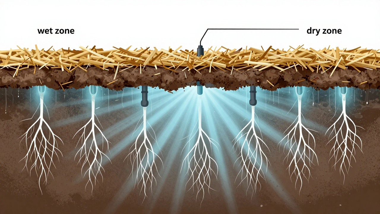Cross-section showing subsurface drip irrigation hydrating roots beneath a layer of mulch.