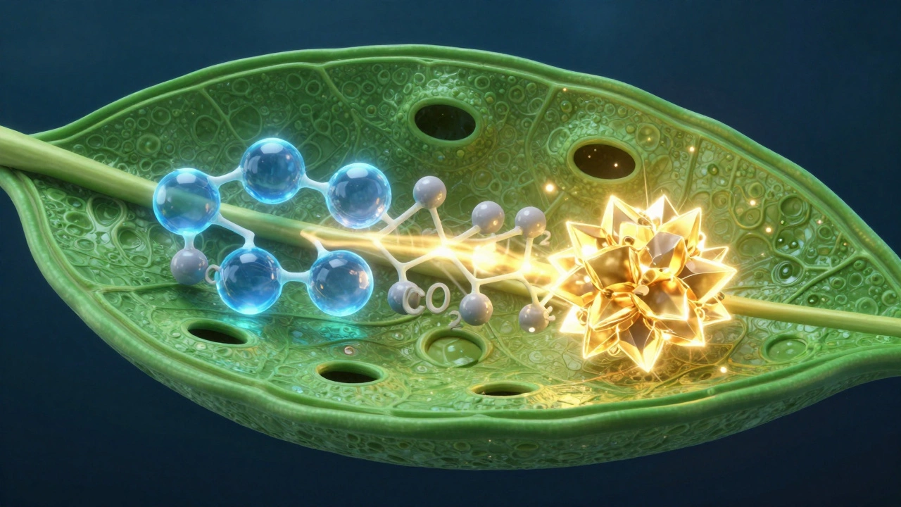 Scientific 3D render of stomata and the chemical process of turning CO2 and light into glucose.