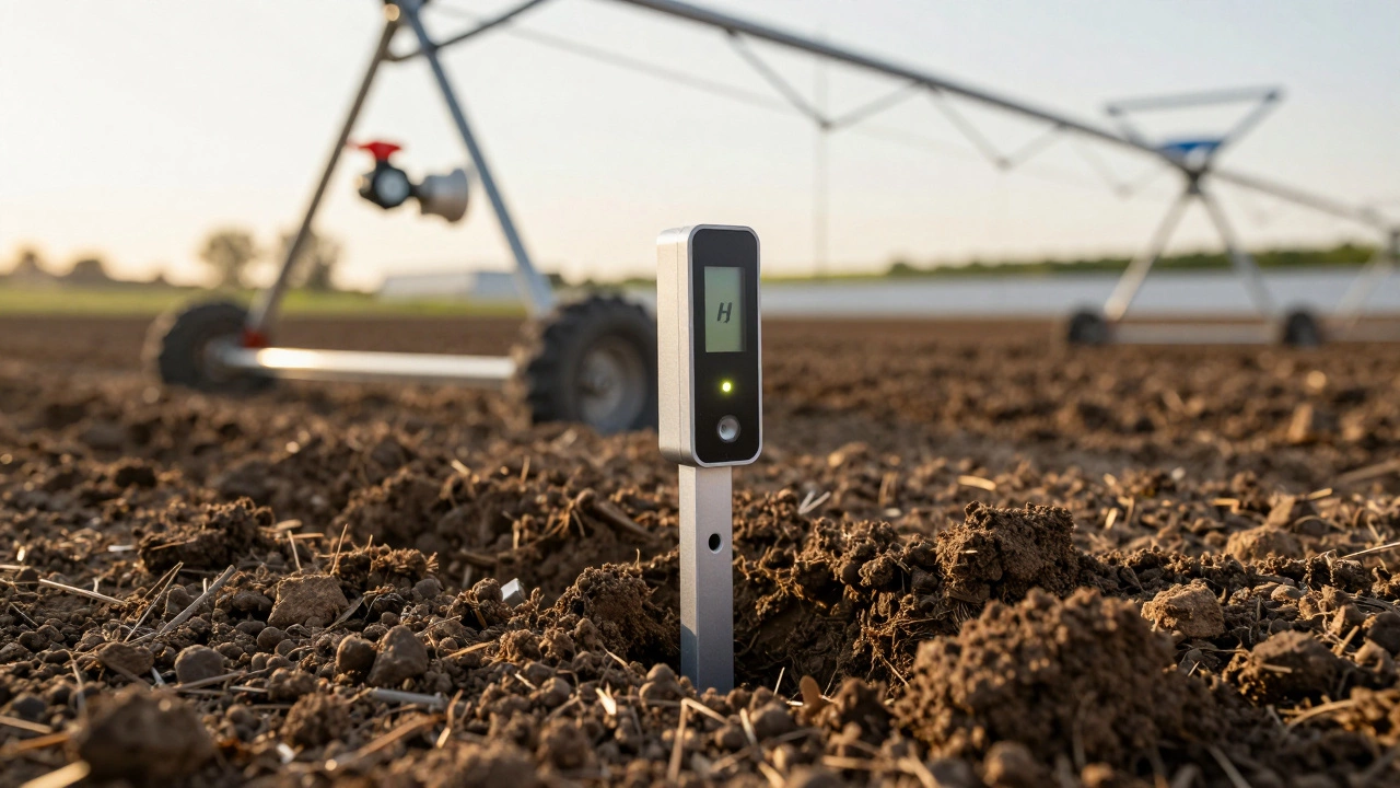 Soil moisture sensor and pressure regulator installed in a professional irrigation system.
