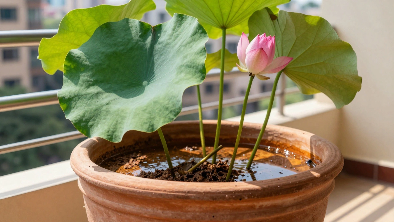 Blooming lotus plant in a terracotta pot on a sunny balcony