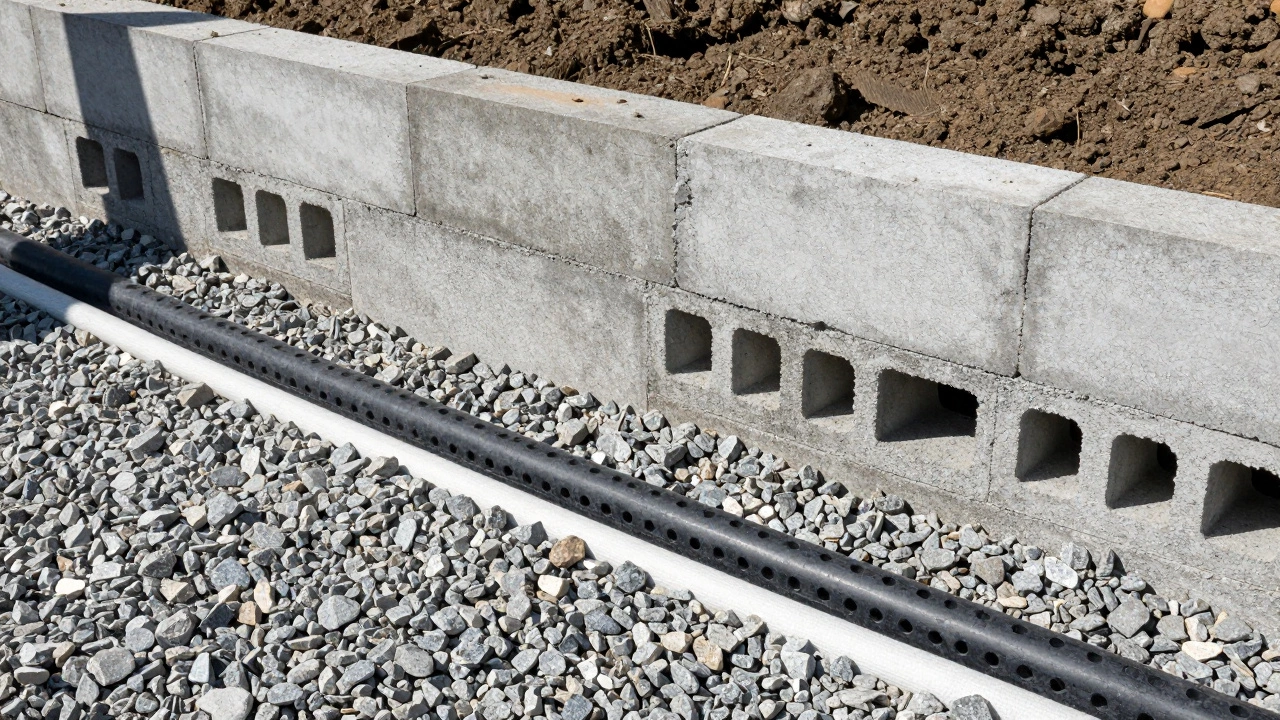 Close-up of retaining wall base with gravel backfill and drainage pipe