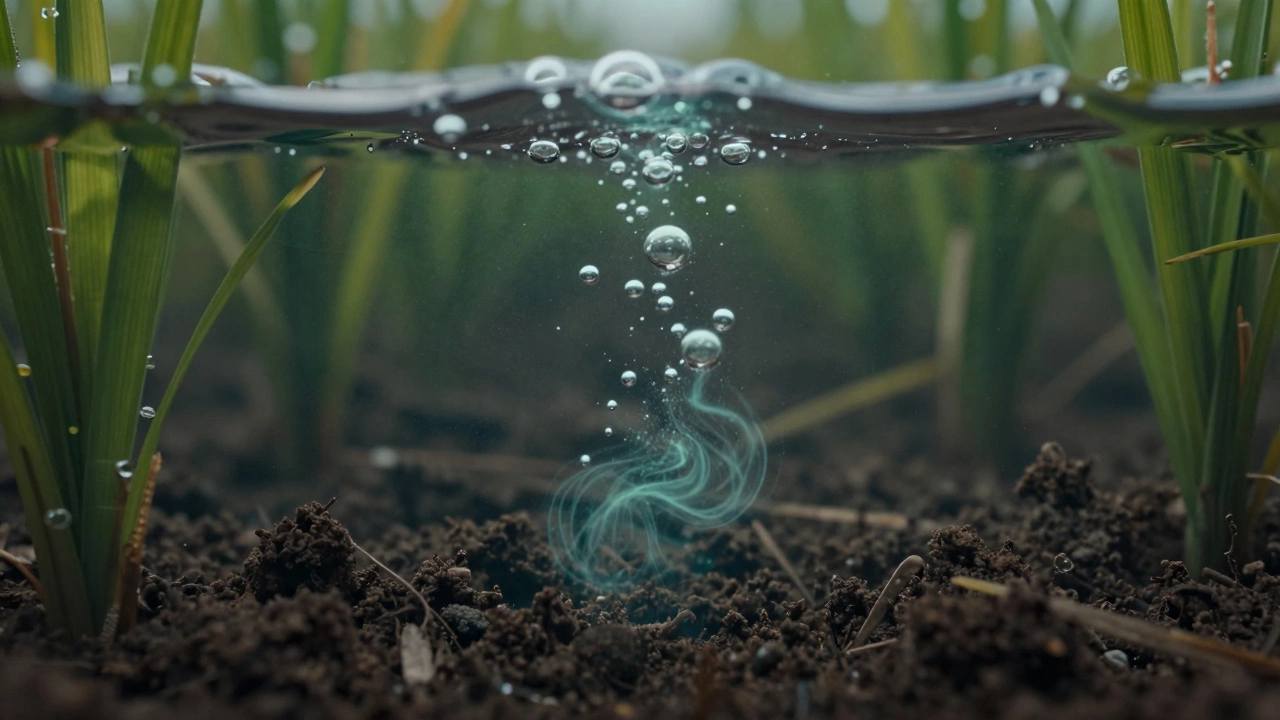 Close-up of rice paddy water with bubbles rising, symbolizing methane emissions