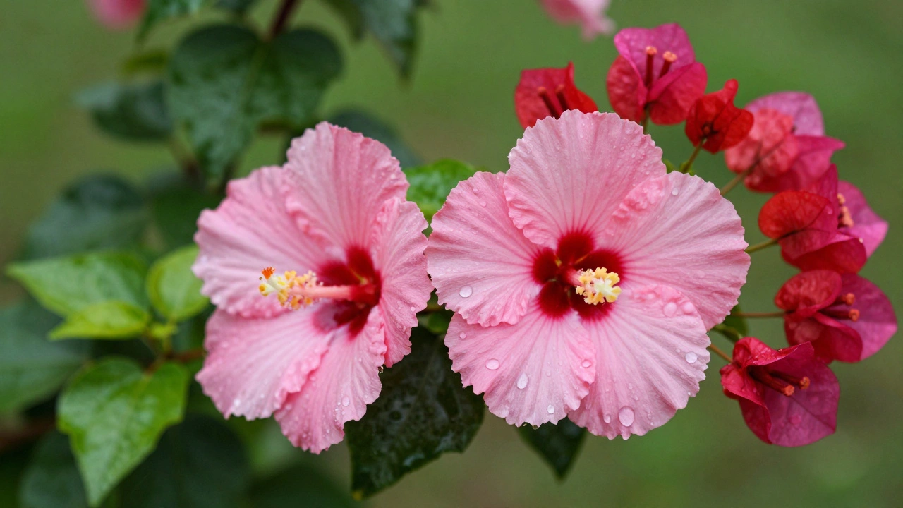 Close-up of wet hibiscus and bougainvillea flowers glistening with raindrops
