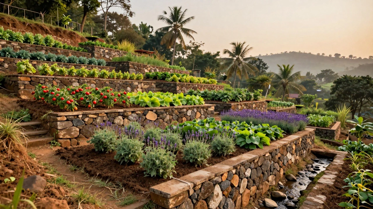 Completed terraced garden with stone walls and growing vegetables