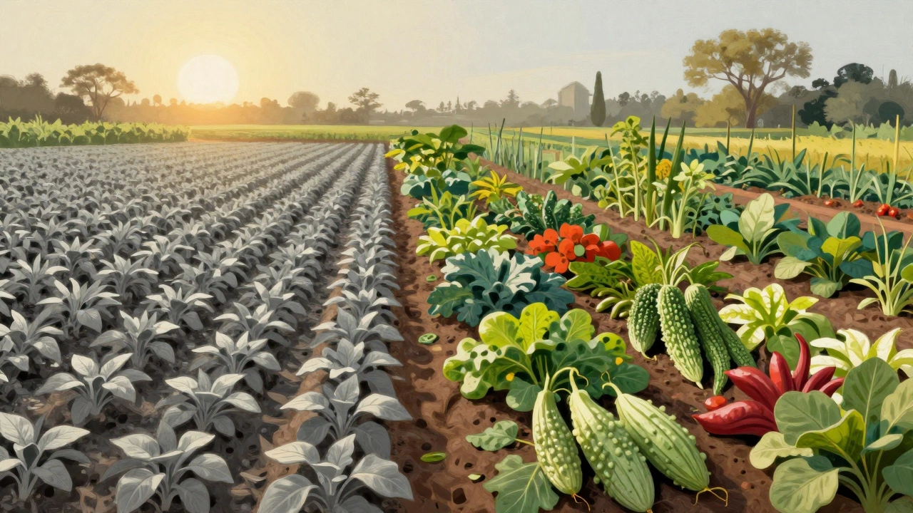Contrast between monoculture fields and diverse rare vegetable garden