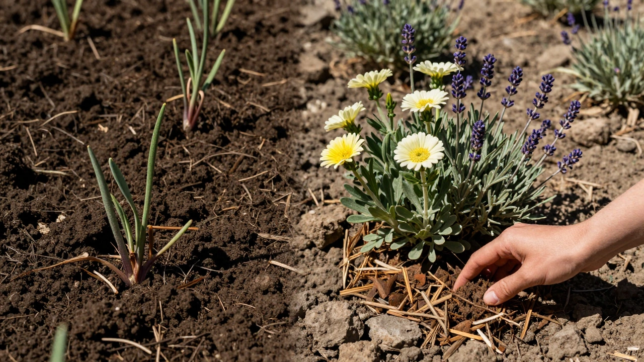 Contrast between weak over-fertilized plants and tough blooms in lean soil.