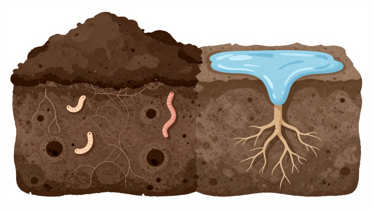 Cross-section comparing healthy porous soil with dense compacted clay