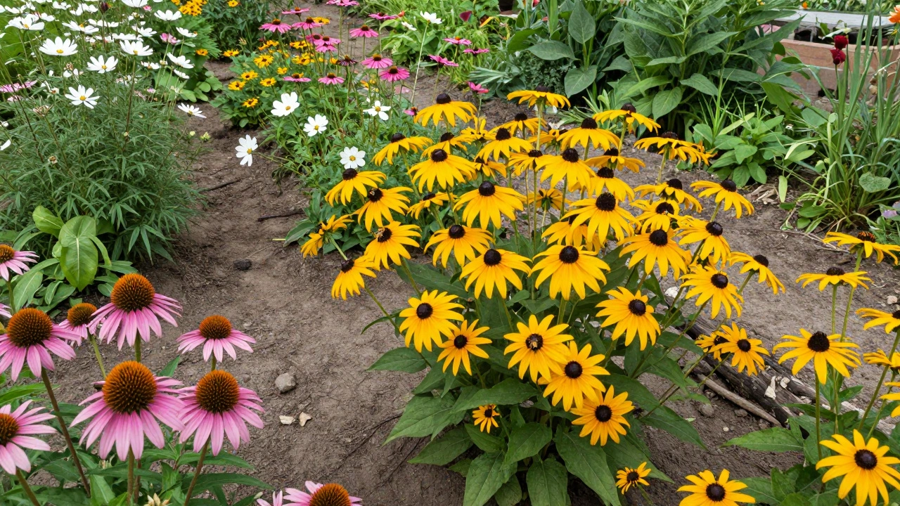 Diverse garden of Black-Eyed Susans, Coneflowers, and Cosmos attracting bees.
