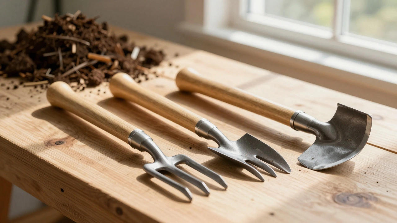 Garden fork, broadfork, and mattock displayed on a wooden bench