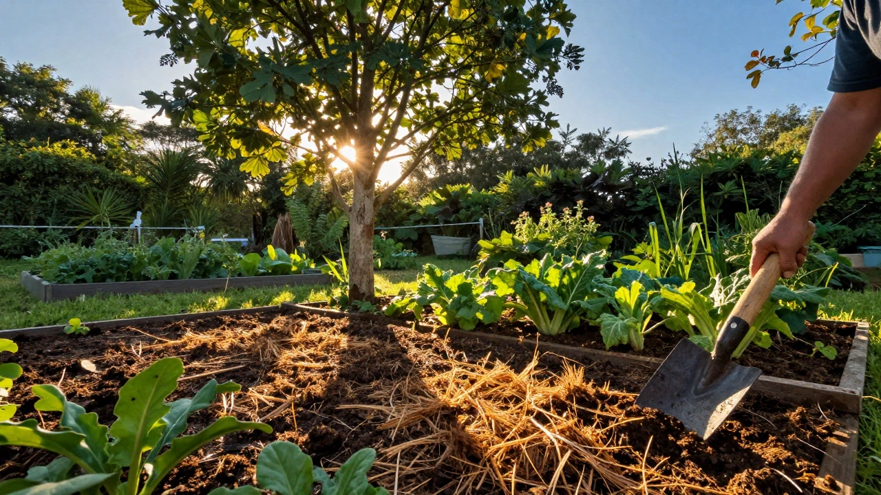 Garden in golden sunlight with fresh mulch as monsoon rains begin to retreat