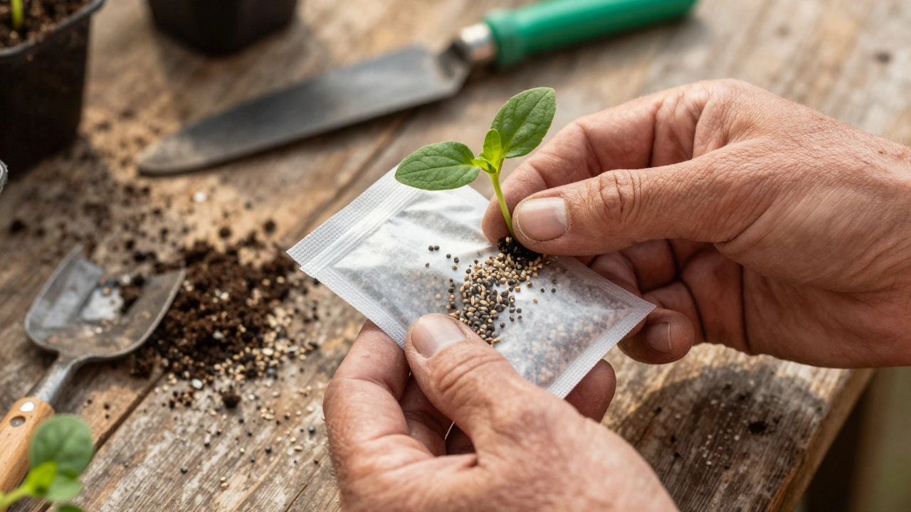Gardener holding heirloom seeds and a young Sidha vine sprout