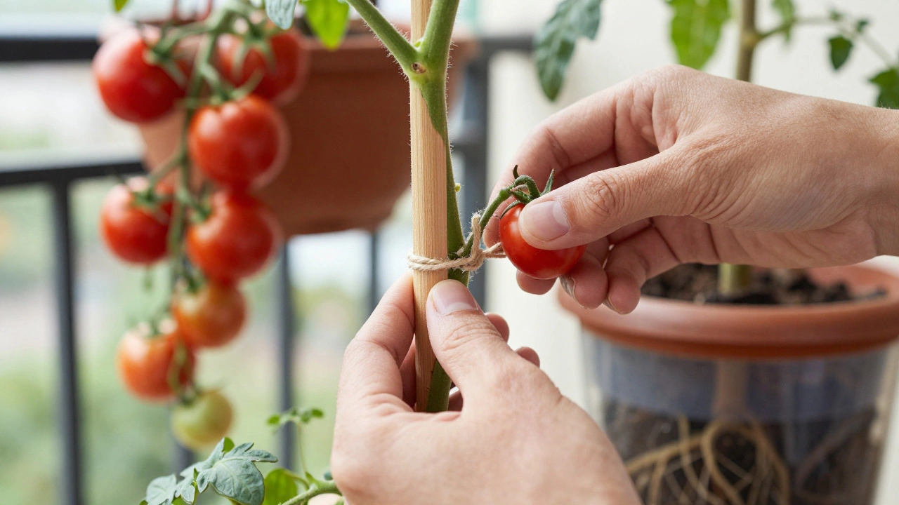 Hand tying tomato vine to stake on a balcony garden