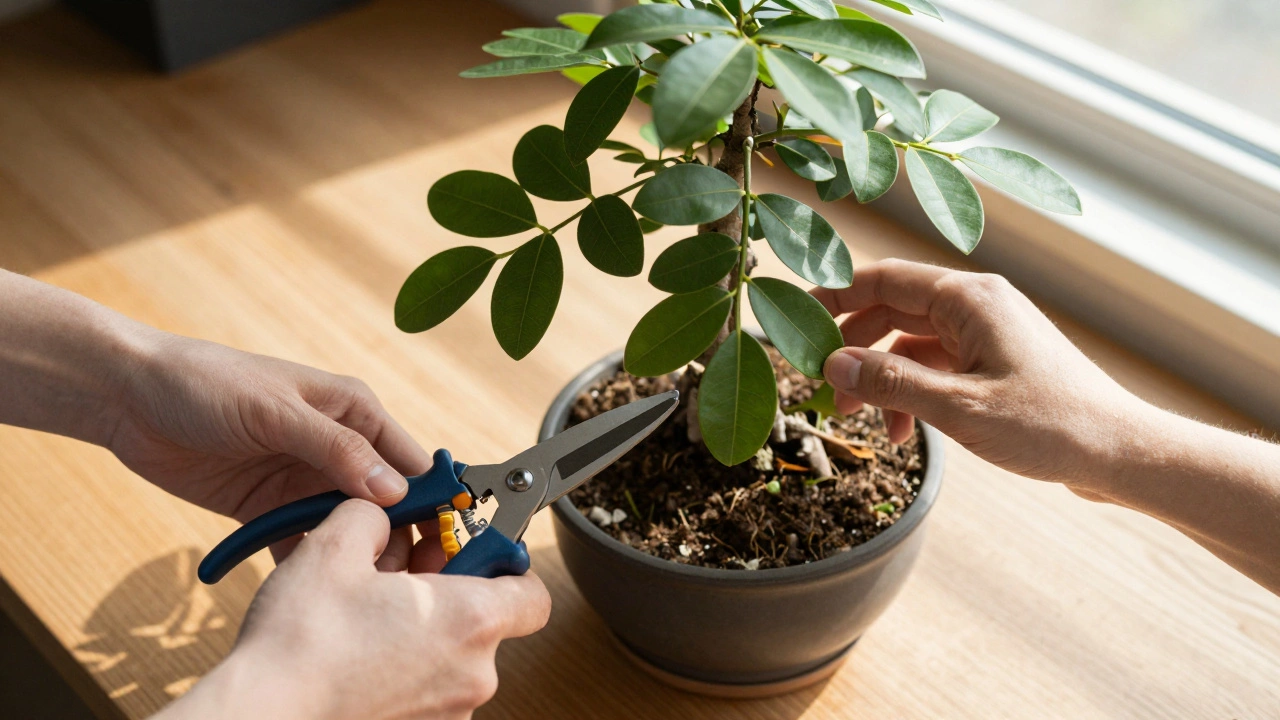 Hands inspecting Ficus bonsai with shears for leaf removal