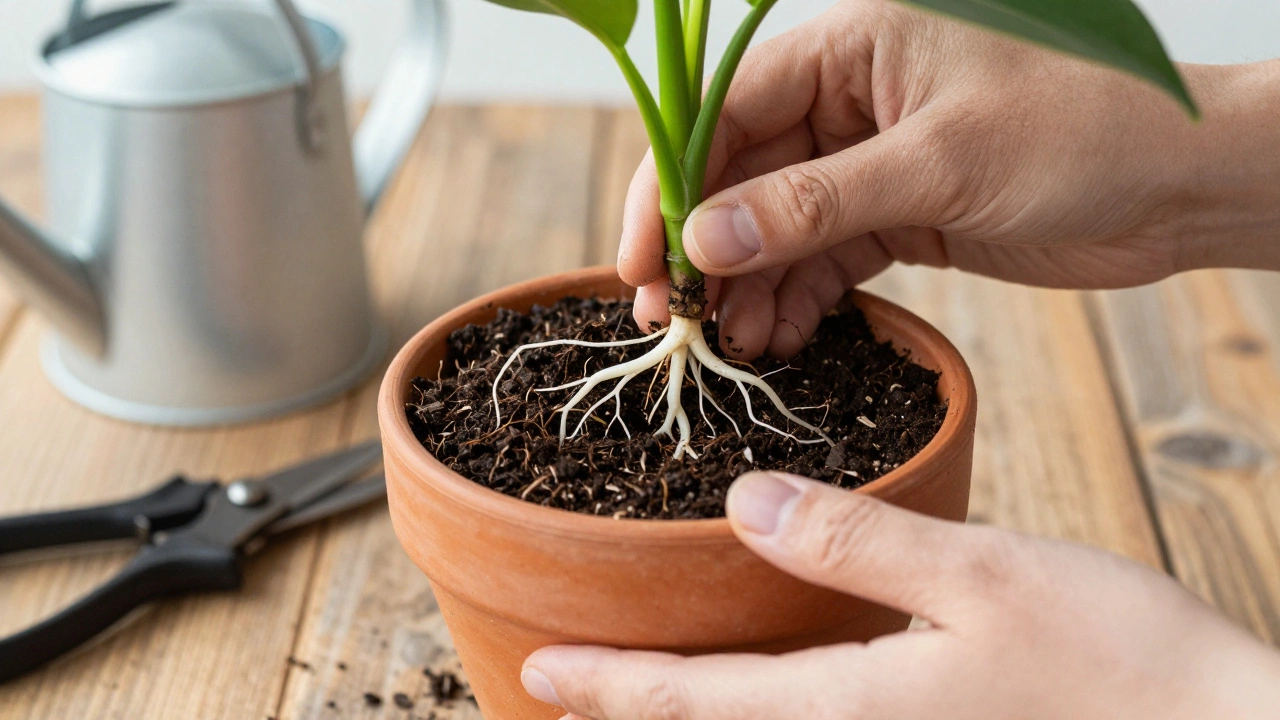 Hands repotting a healthy houseplant into fresh soil and a new pot