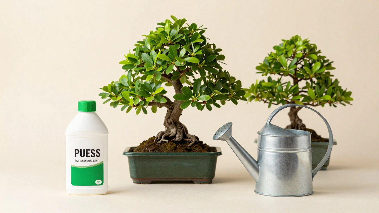 Healthy bonsai tree with proper fertilizer and watering tools